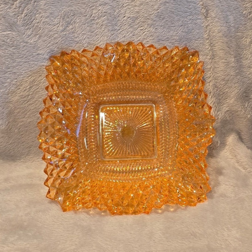 Vintage‎ Indiana Marigold Carnival Glass Square Bowl Diamond Point Sawtooth Edge